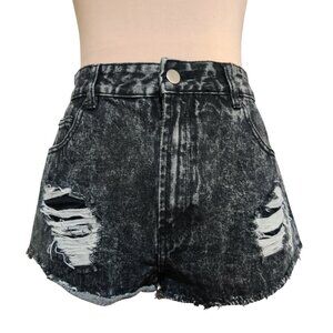 Forever 21 Womens Shorts High Waisted Acid Wash Distressed Denim Black Size 31